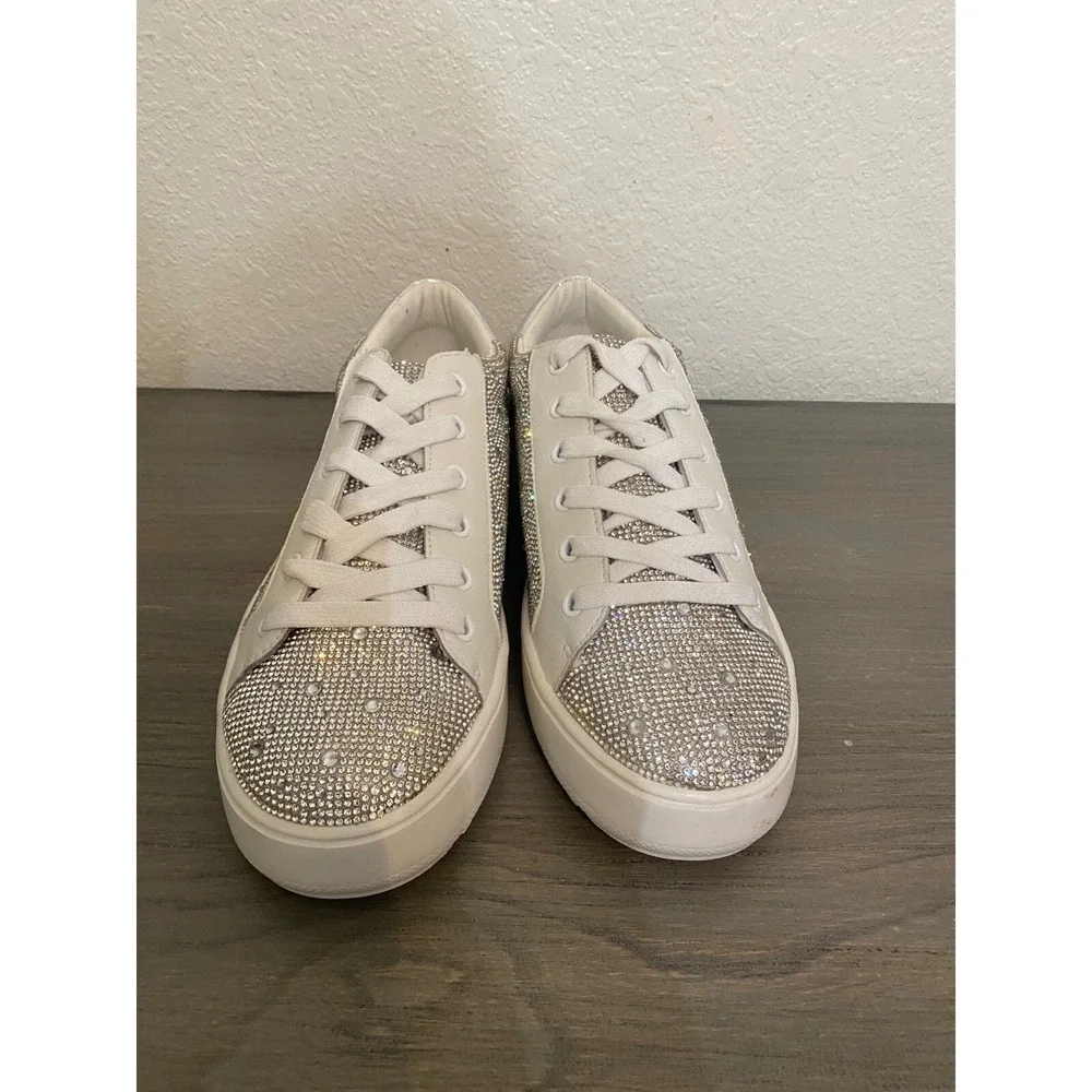 Steve Madden Rhinestone Sneakers Platform White Silver Women 9M‎ S Sparkle Bling